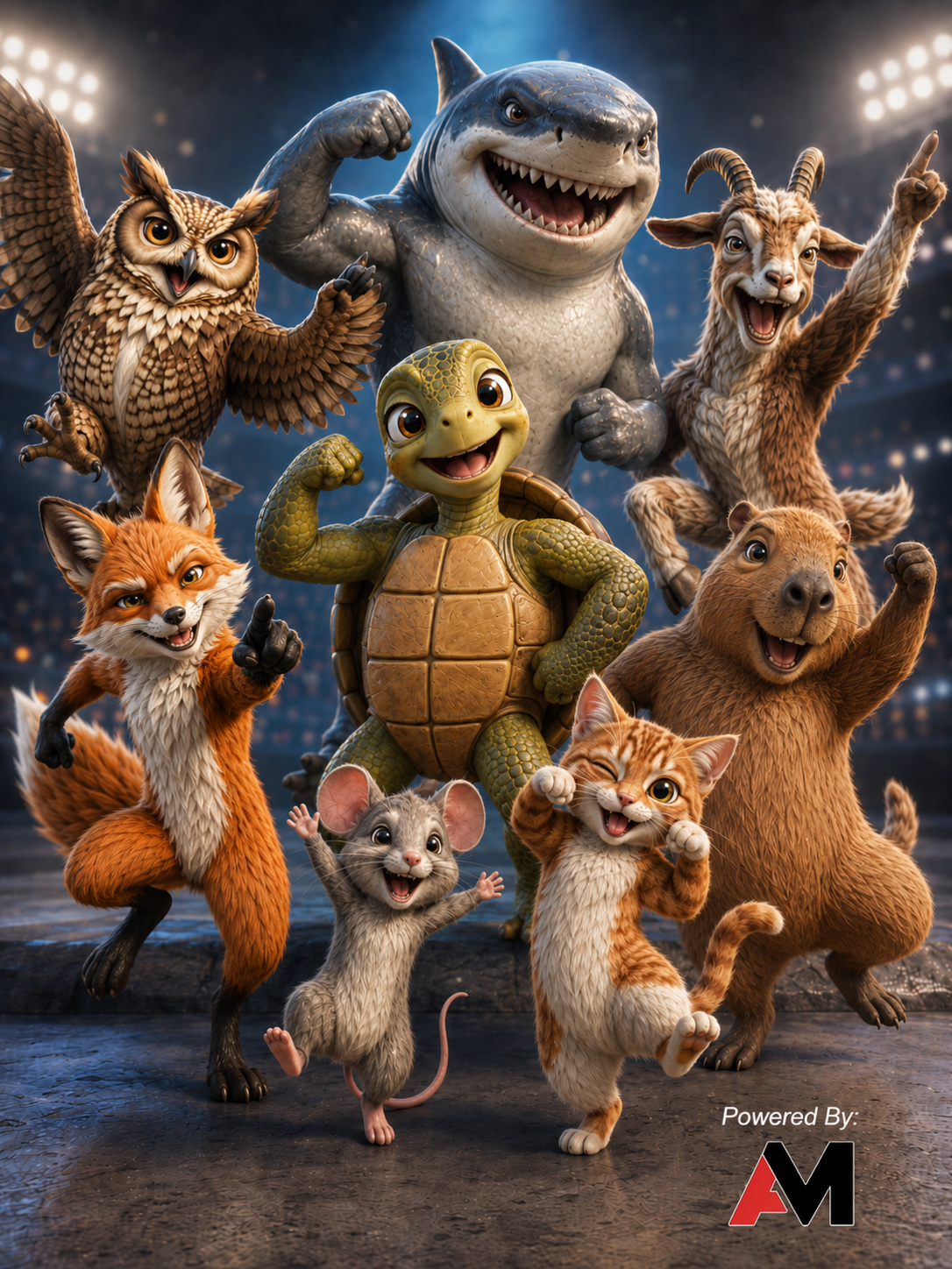 The Arena Master cast in celebration — Turtle flexing, Mouse jumping, Shark roaring, the whole roster mid-victory